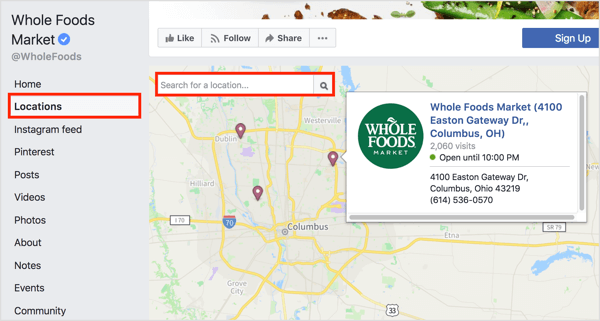 Durch Klicken auf die Registerkarte Standorte auf einer Facebook-Seite werden einzelne Standorte auf einer Karte angezeigt. 