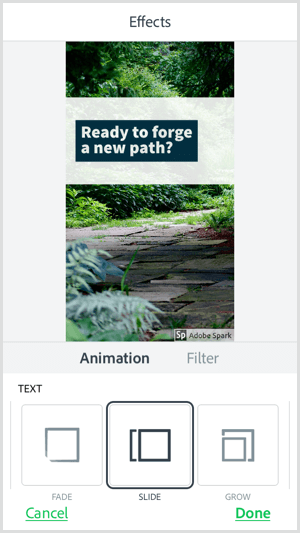 Wählen Sie mit der mobilen Adobe Spark Post-App eine Textanimationsoption aus.