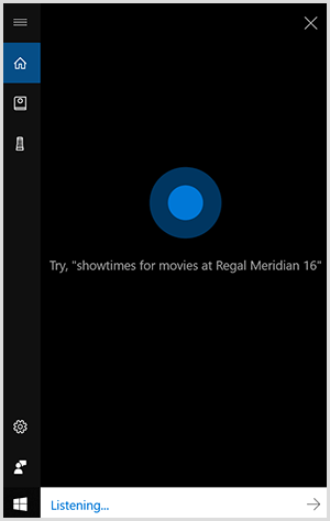 Cortana, die Windows-Konversationsoberfläche, ist ein schwarzes vertikales Feld mit einem blauen Punkt in der Mitte. Ein weißes Feld unten zeigt an, dass ein Windows-Gerät lauscht.