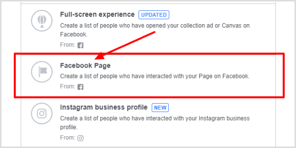 Wählen Sie Facebook-Seite als Engagement-Typ.