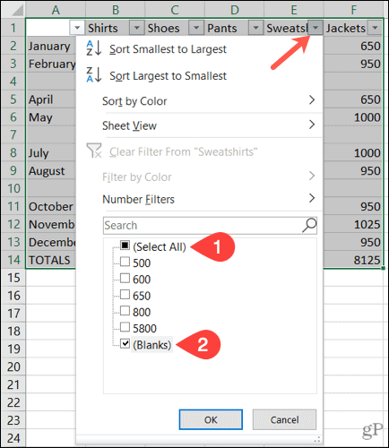 Leere Zeilen in Excel filtern