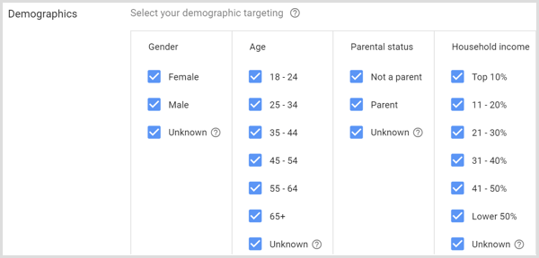 Demografische Einstellungen für die Google AdWords-Kampagne.