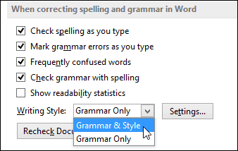 Word 2013 konfigurieren Grammatik und Stil Dropdown
