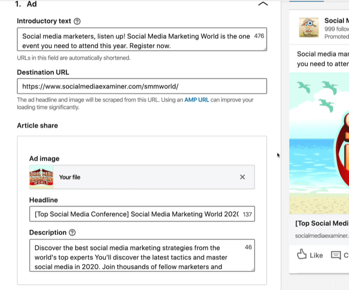 Screenshot des Einführungstextes, der Ziel-URL, der Überschrift und der Beschreibungsfelder für LinkedIn-Anzeigen
