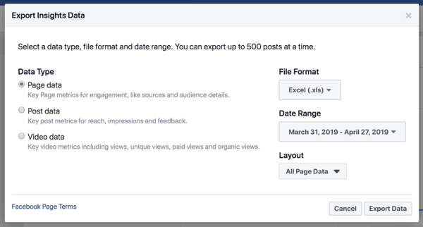 Exportieren Sie Ihre Facebook Insights-Daten, um die Analyse der Daten zu vereinfachen.