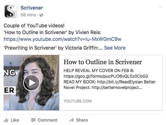 Scrivener teilt ein YouTube-Video, das den Nutzern auf seiner Facebook-Seite gefallen könnte.