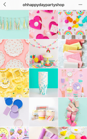 Wie Sie Ihre Instagram-Fotos verbessern können, zeigt ein Beispiel für ein Instagram-Feed-Thema aus dem Oh Happy Day Party Shop mit einer hellen Farbpalette