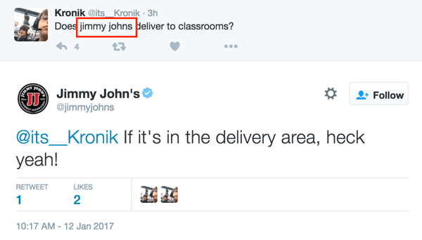 Jimmy Johns überwacht relevante soziale Gespräche, unabhängig davon, ob das Unternehmen markiert ist oder nicht.