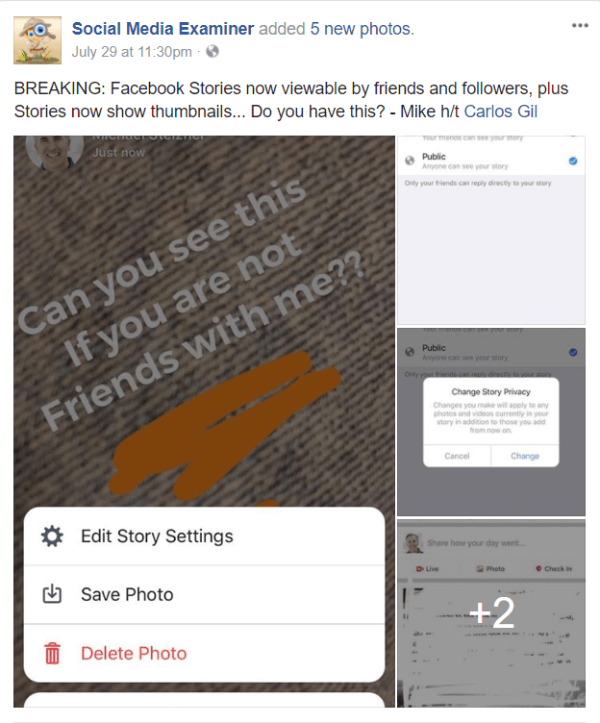 Facebook führt öffentliche Freigabe- und Miniaturbilder für Geschichten ein.