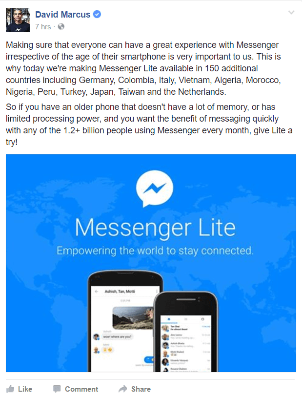 Facebook Messenger Lite ist jetzt in mehr Ländern auf der ganzen Welt verfügbar.