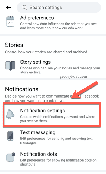 Einstellungsoption für mobile Facebook-Benachrichtigungen