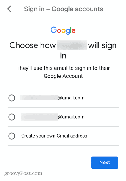 Benutzername des Gmail-Kinderkontos