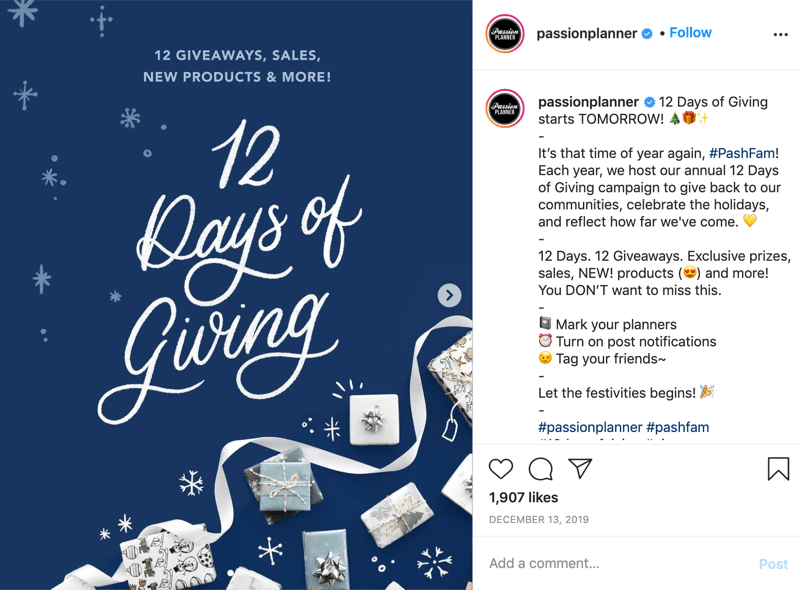 Beispiel eines Instagram-Werbegeschenkwettbewerbs für die 12 Tage des Gebens von @passionplanner, in dem angekündigt wird, dass das Werbegeschenk am nächsten Tag beginnt