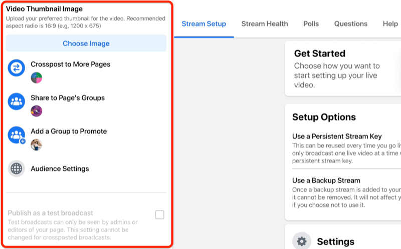 Facebook Live Stream Setup-Option, um das Miniaturbild für Ihr Video auszuwählen