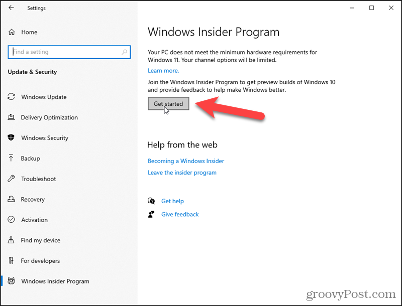 Klicken Sie auf Erste Schritte für das Windows-Insider-Programm