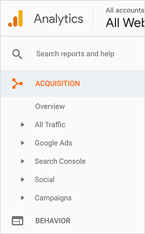 Dies ist ein Screenshot der Google Analytics-Seitenleiste. Das Logo erscheint oben links. Es ist ein orangefarbener Punkt neben einem orangefarbenen Balken und dann ein größerer gelber Balken, der auf ein Balkendiagramm hinweist. Von oben nach unten in der Seitenleiste befinden sich die folgenden Optionen: Ein Feld mit der Bezeichnung "Berichte und Hilfe durchsuchen", Erfassung (orange angezeigt) und deren Unteroptionen. Die Unteroptionen sind Übersicht, Alle Zugriffe, Google-Anzeigen, Suchkonsole, Soziales und Kampagnen. Neben jeder Unteroption wird ein kleines Dreieck angezeigt, das darauf hinweist, dass Sie zusätzliche Optionen anzeigen können, indem Sie auf das Dreieck klicken. Die letzte Option auf der Hauptebene ist Verhalten. Jennifer Priest verwendet Google Analytics, um festzustellen, welche Pins ihr den meisten Verkehr senden, und um zu bewerten, welche Hashtags, Bilder und Boards für ihren Website-Verkehr gut funktionieren.