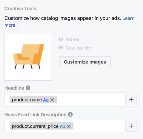 Verwenden Sie das Facebook Event Setup Tool, Schritt 30, Menüoptionen, um die Darstellung von Katalogbildern in Facebook-Anzeigen anzupassen