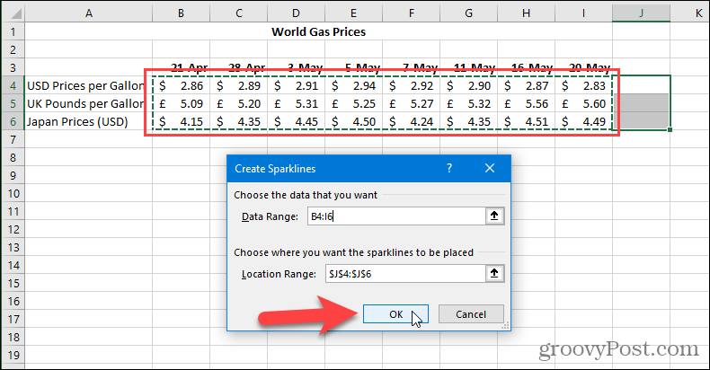 Erstellen Sie ein Sparklines-Dialogfeld in Excel