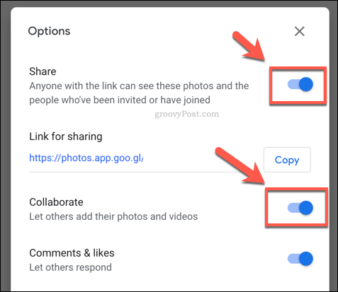 Optionen für die gemeinsame Nutzung von Alben in Google Fotos