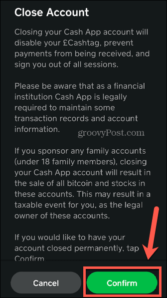 Cash-App Löschen bestätigen