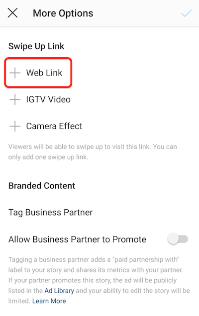 Instagram-Menüoptionen zum Hinzufügen eines Swipe-Up-Links mit hervorgehobener Weblink-Option