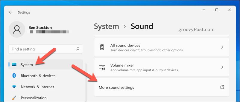 Öffnen des Menüs Weitere Soundeinstellungen unter Windows 11