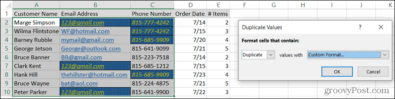 Benutzerdefinierte formatierte Duplikate in Excel
