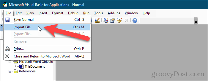 Gehen Sie in Word zu Datei> Datei im VBA-Editor importieren