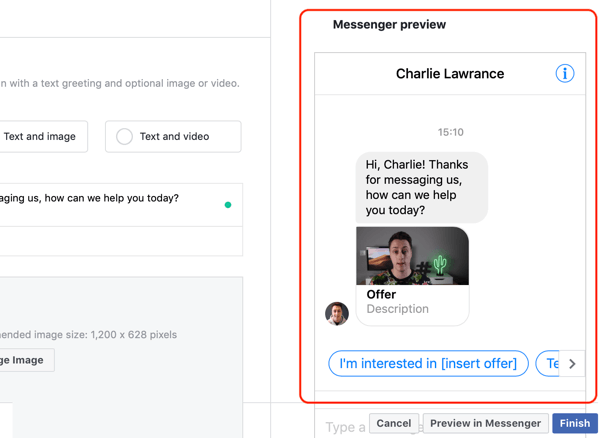 So zielen Sie mit Facebook Messenger-Anzeigen auf warme Leads ab, Schritt 14, Vorschau der benutzerdefinierten Vorlagen für Messenger-Ziele