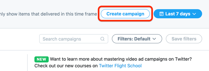 Screenshot des Twitter-Anzeigenkontos und die Option zum Erstellen einer Kampagne