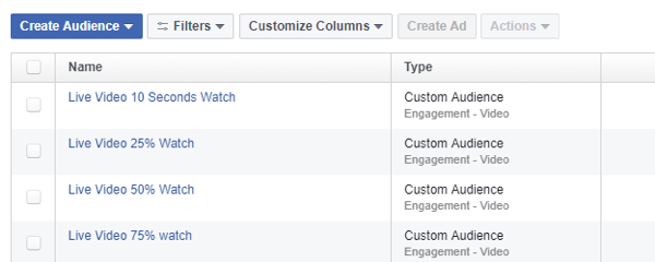 Verwenden Sie im Facebook Ads Manager das Zielgruppen-Tool, um eine Retargeting-Zielgruppe basierend auf den Ansichten von Facebook Live-Videos zu definieren.