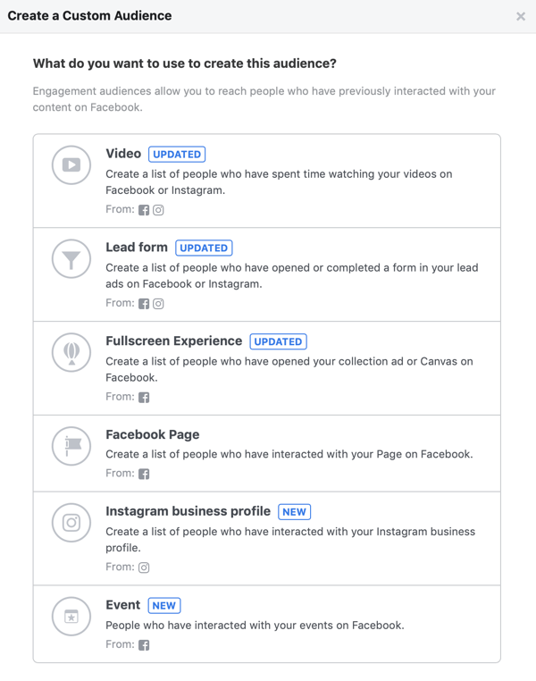 Optionen für das, was Sie zum Erstellen dieser Zielgruppe für Ihre benutzerdefinierte Facebook-Zielgruppe verwenden möchten.