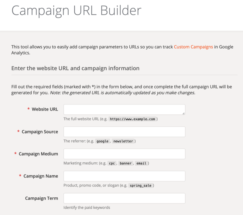 Einrichtungsbildschirm für das URL-Generator-Tool von Google Analytics Campaign