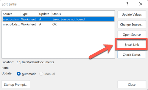 excel unterbrechungslink