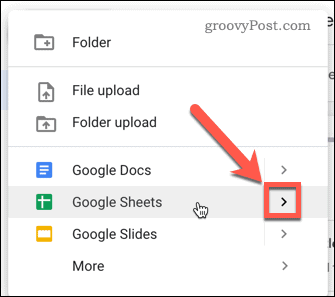 Wählen Sie Google Sheets aus und bewegen Sie den Mauszeiger über das Pfeilsymbol