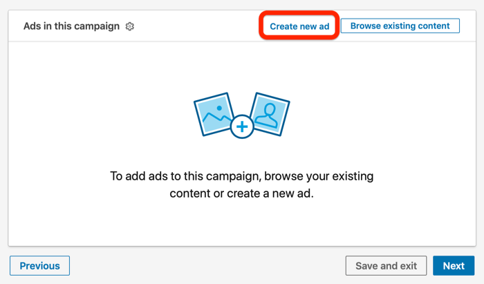 Option "Neue Anzeige erstellen" im Setup der LinkedIn-Kampagne