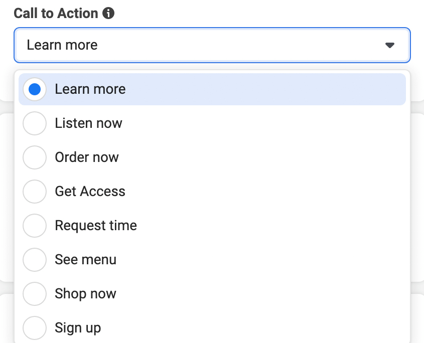 Bild der Call-to-Action-Button-Optionen im Meta Ads Manager