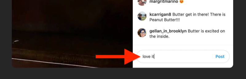 xscreenshot Beispiel eines Instagram live mit dem Kommentarfeld, das von einem Betrachter hervorgehoben und ausgefüllt wird, der "love it" sagt.