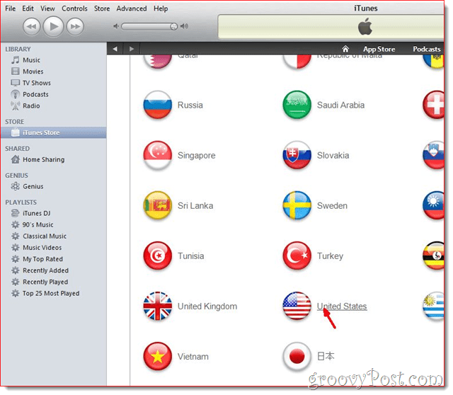 iTunes - Klicken Sie auf United State Flag