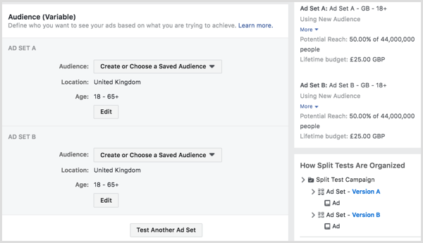 Split-Test zur Schaltung Ihrer Facebook-Anzeigen für zwei oder mehr Zielgruppen.