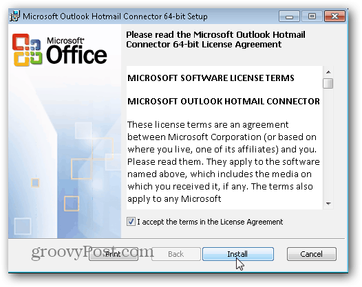 Outlook.com Outlook Hotmail Connector - Klicken Sie auf Installieren