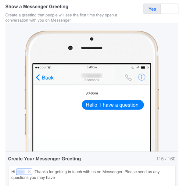 Sie können in Ihren Einstellungen eine benutzerdefinierte Begrüßungsnachricht für Facebook Messenger einrichten.