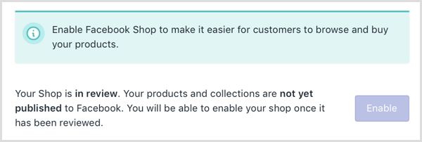 Shopify zeigt eine Online-Nachricht an, dass Ihr Facebook-Shop überprüft wird.