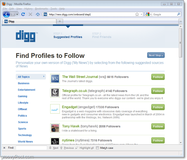 Die neue Digg Follow-Funktion beim ersten Anmelden