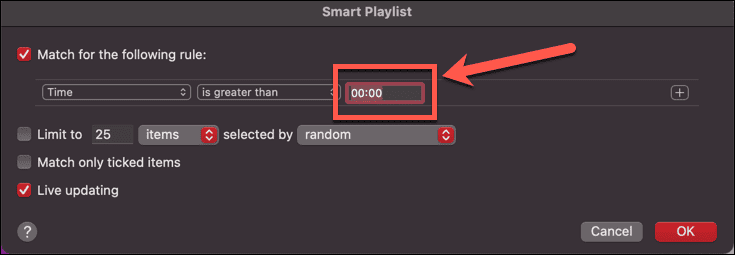 Apple Music Smart Playlist-Zeit größer als Null