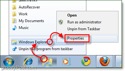Passen Sie die Eigenschaften der Windows Explorer-Taskleistenverknüpfung an