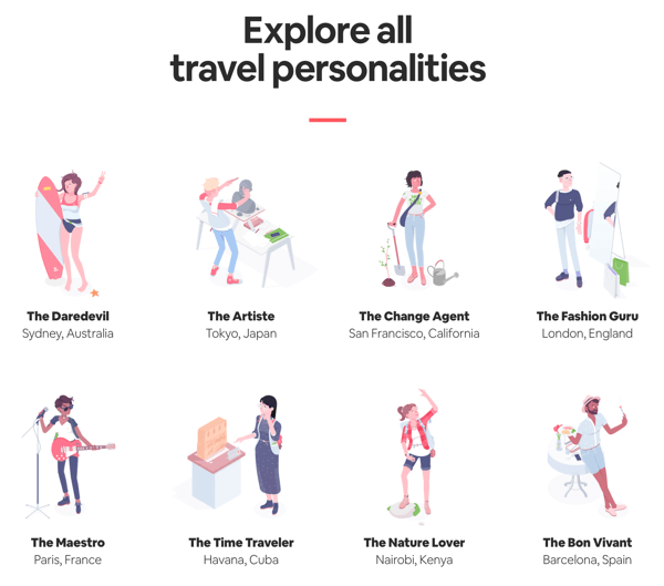 Beispiel einer Seite mit allen Ergebnissen mit Ergebnissen, die der Benutzer im Travel Matcher-Quiz von Airbnb untersuchen kann.