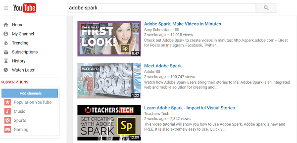 Adobe Spark Youtube-Suche