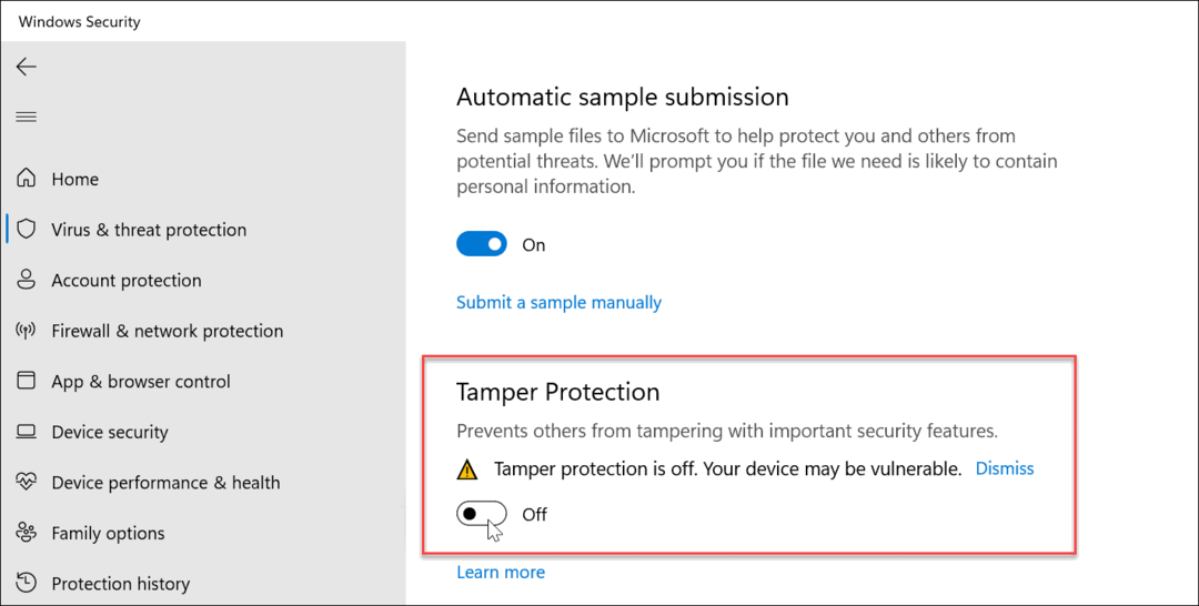 Manipulationsschutz Ein oder Aus unter Windows 11