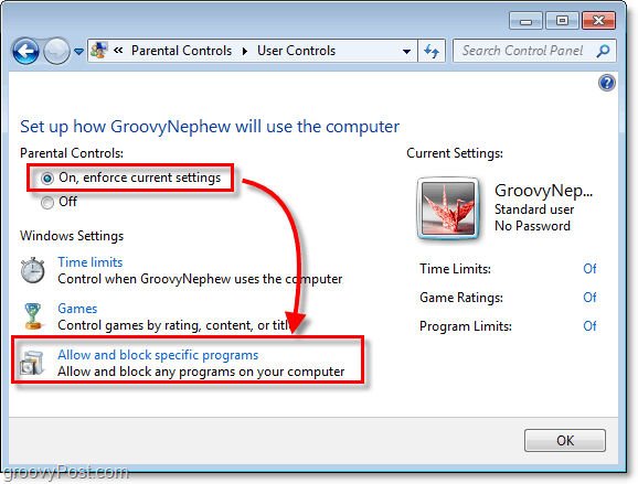 Aktivieren Sie die Kindersicherung in Windows 7 für einen bestimmten Benutzer und lassen Sie dann bestimmte Programme zu und blockieren Sie sie